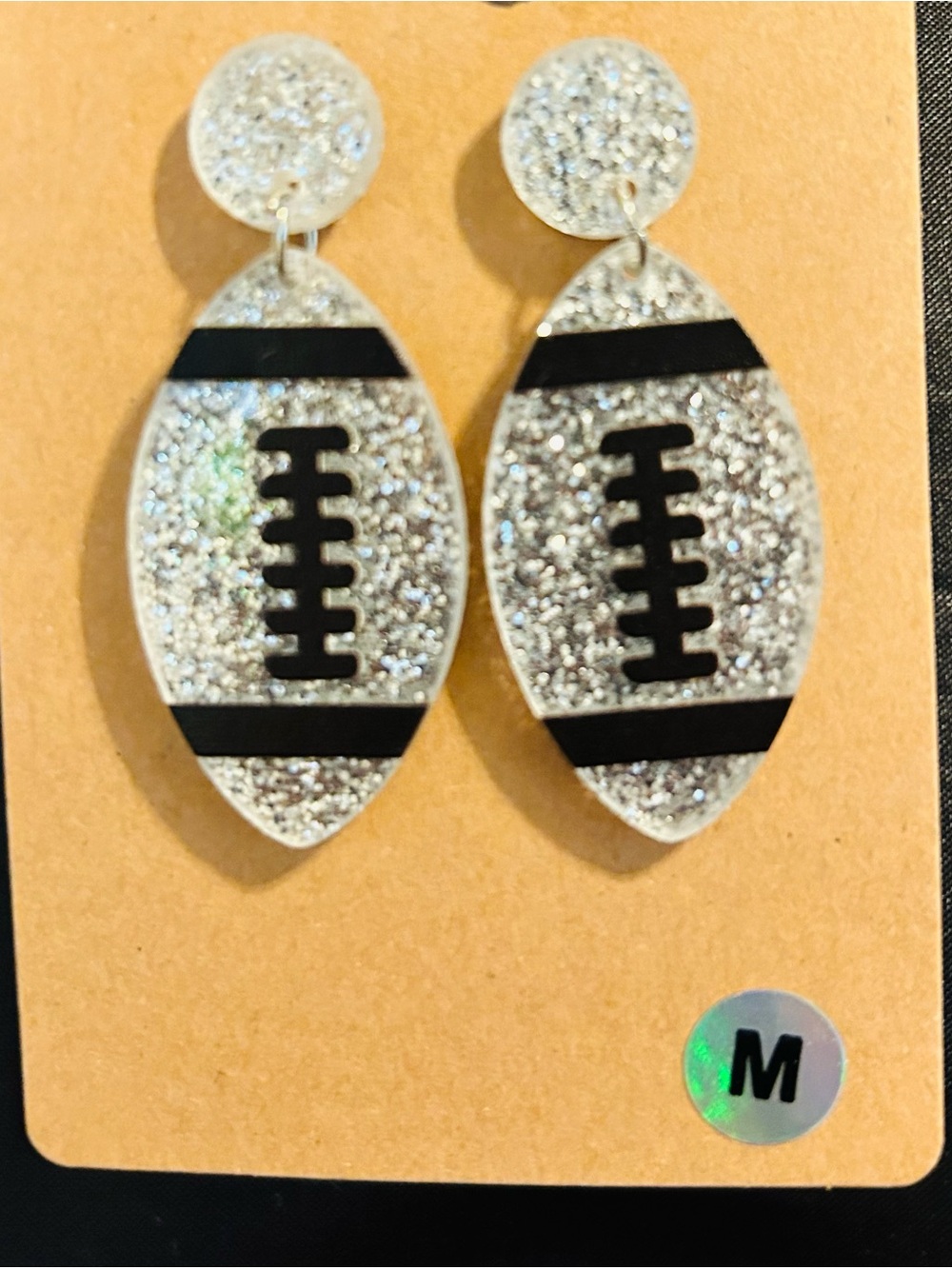 Glitter Football Drop Earrings - Silver and Black